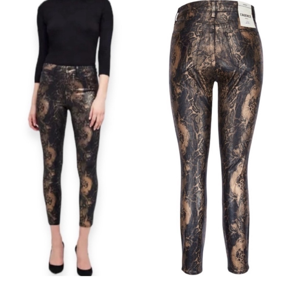 L’AGENCE Margot Black Coated High Rise Jeans with Gold Foil Animal Print